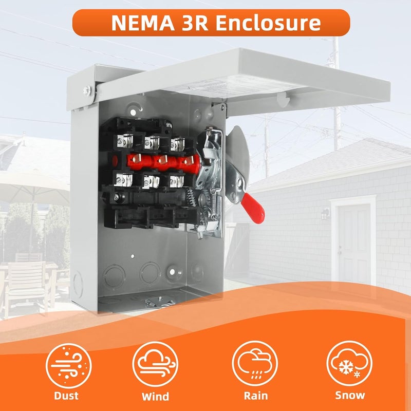 Sukubiui 30 Amp Disconnect Switch Box, 3 Pole 120V/240V Safety Switch, Non-Fusible NEMA 3R Rated, Heavy Duty Steel, for Indoor/Outdoor Use - Image 5